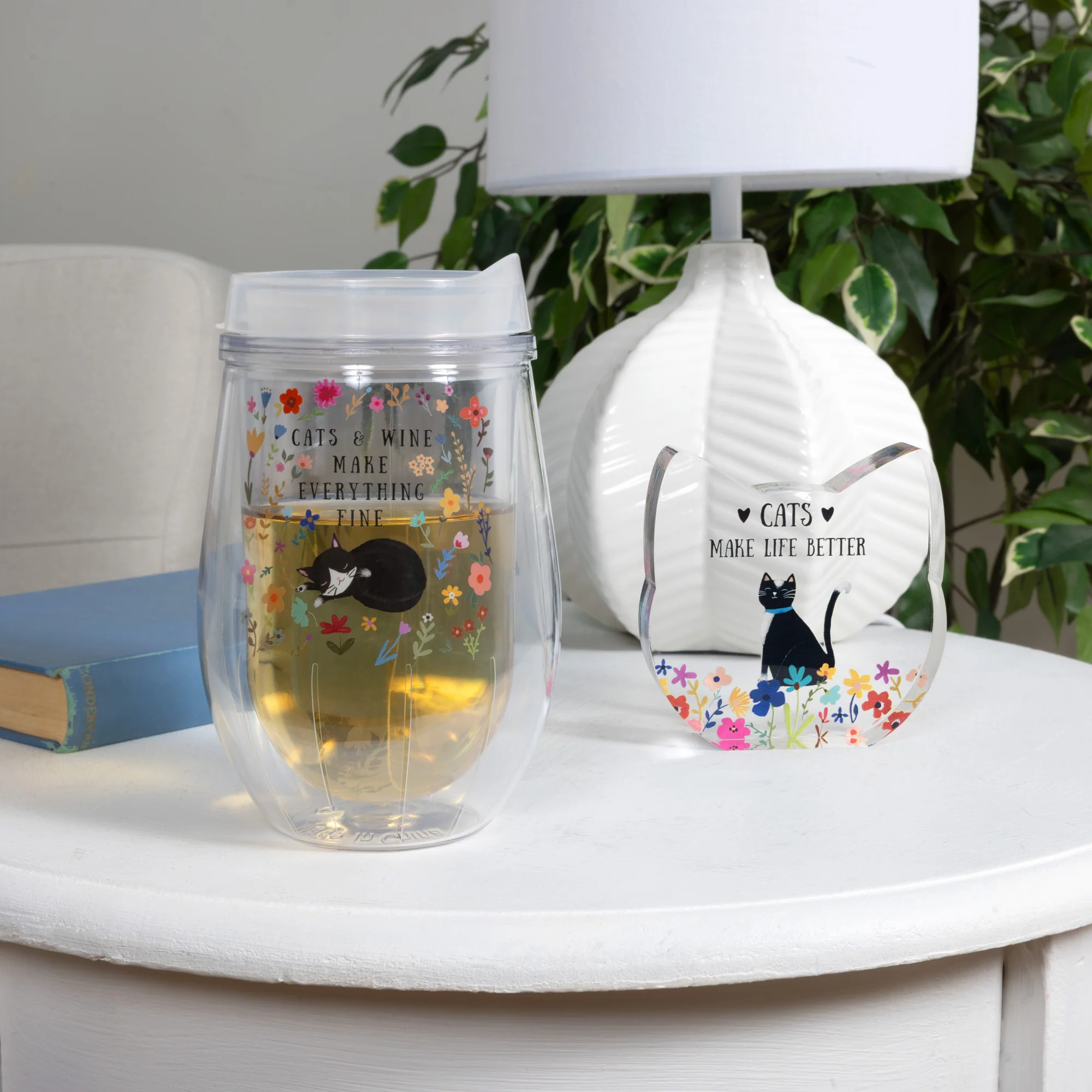 Cats 12 oz Acrylic Stemless Wine Glass with Lid - Image 3