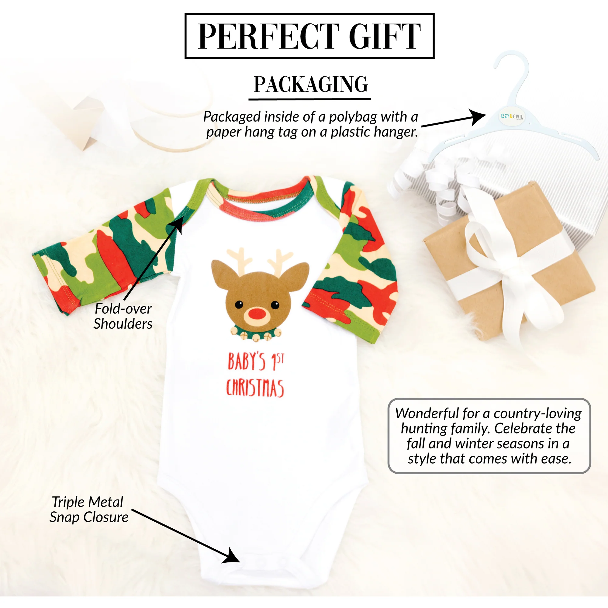 Christmas Camo Reindeer 6-12 Months 3/4 Sleeve Bodysuit - Image 3