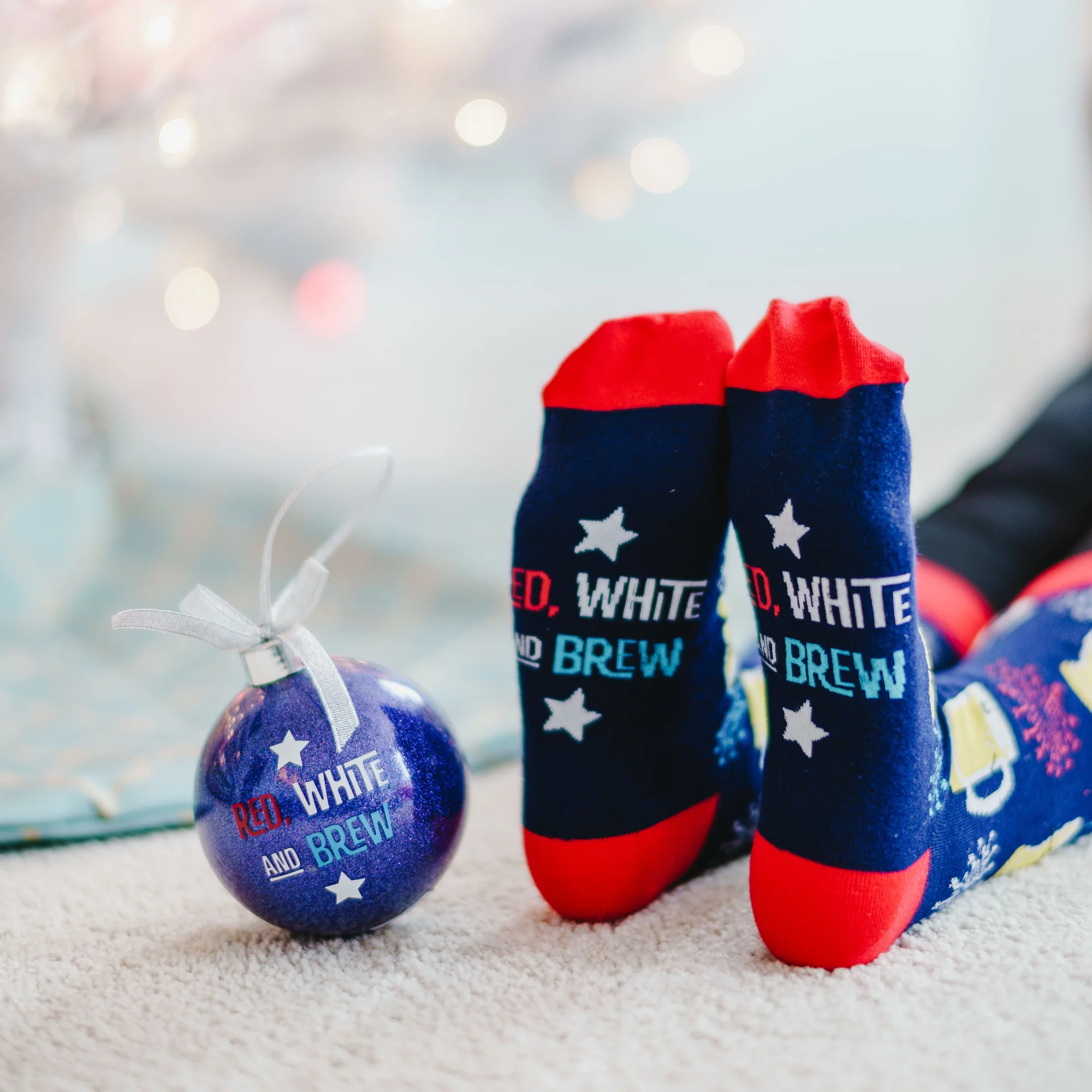 Red, White and Brew 4" Ornament with Unisex Holiday Socks - Image 3