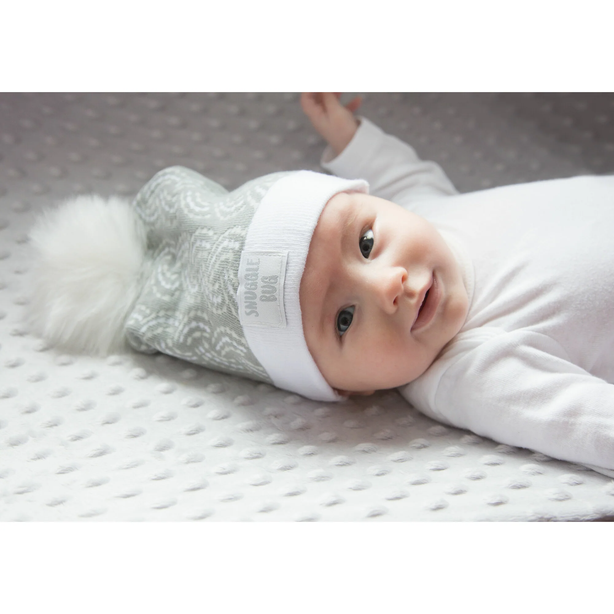 Snuggle Bug Gray Knit Pom Pom Hat (12-24 Months) - Image 3