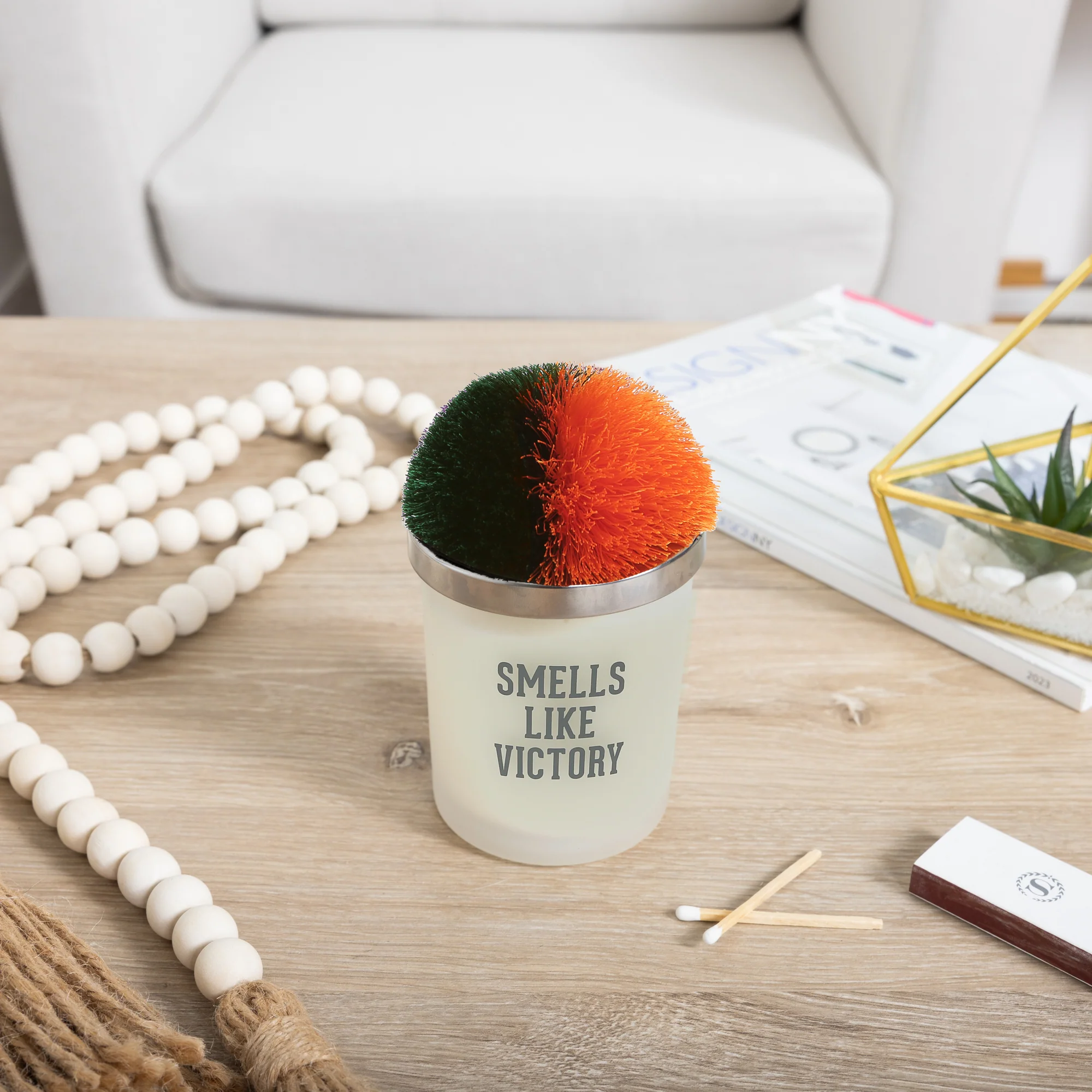 Victory Green & Orange - 5.5 oz - 100% Soy Wax Candle with Pom Pom Lid Scent: Tranquility - Image 2