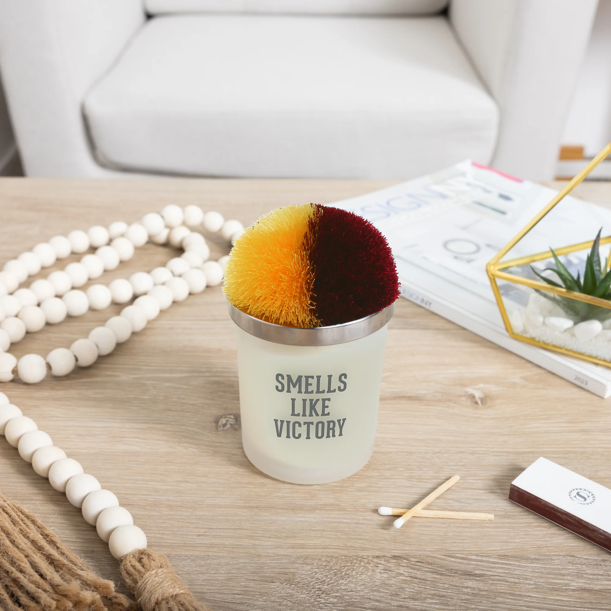 Victory Maroon & Yellow - 5.5 oz - 100% Soy Wax Candle with Pom Pom Lid Scent: Tranquility - Image 2