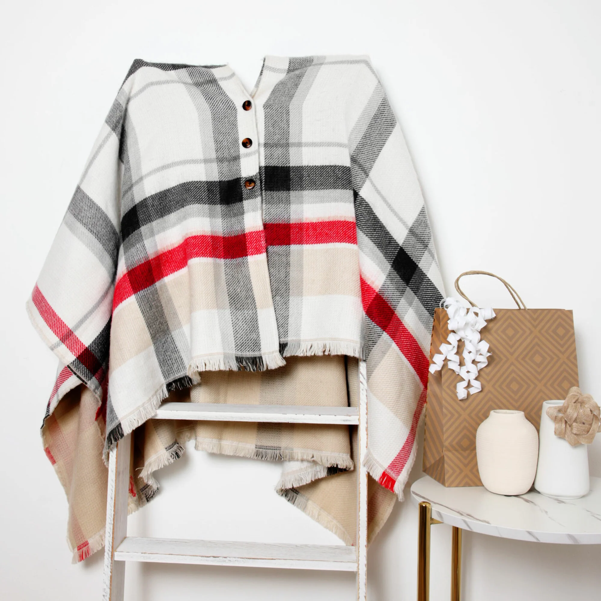 White, Black & Red Plaid 52" x 54" Ruana One Size Fits Most - Image 4